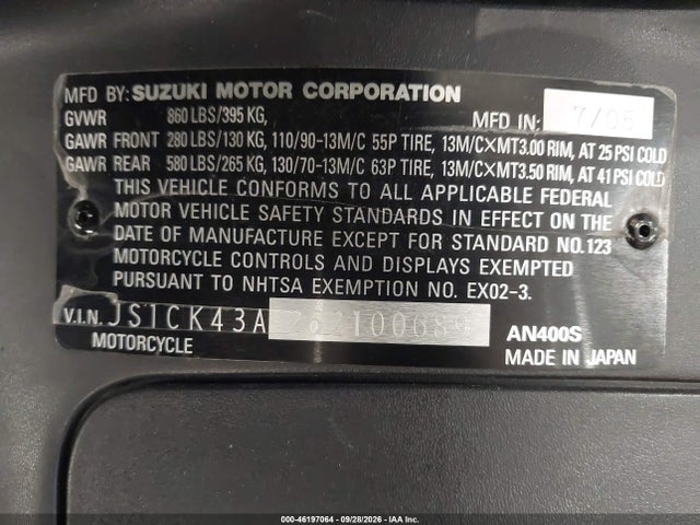 Продаж на аукціоні авто 2006 Suzuki An400 K3, vin: JS1CK43A262100689, номер лоту: 46197064