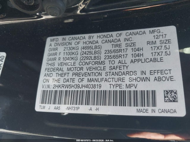 Продажа на аукционе авто 2018 Honda Cr-v Lx, vin: 2HKRW5H39JH403819, номер лота: 46197073