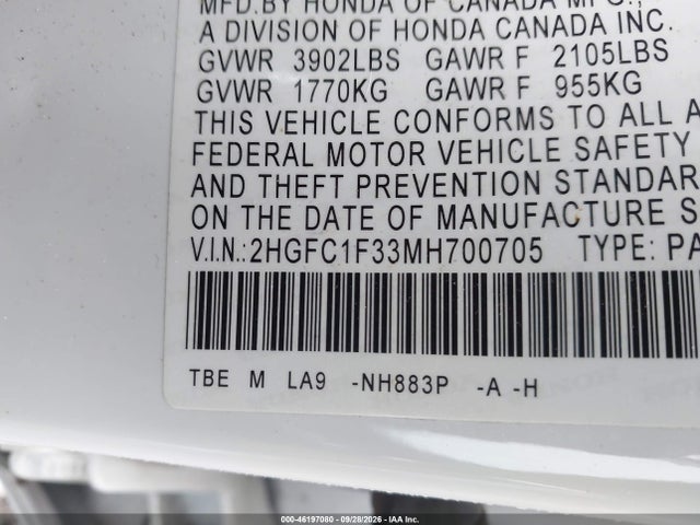 Продажа на аукционе авто 2021 Honda Civic Ex, vin: 2HGFC1F33MH700705, номер лота: 46197080