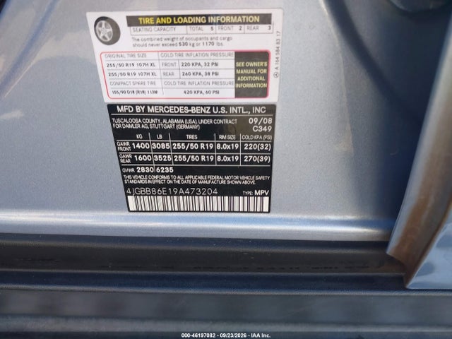 Продаж на аукціоні авто 2009 Mercedes-benz Ml 350 4matic, vin: 4JGBB86E19A473204, номер лоту: 46197082