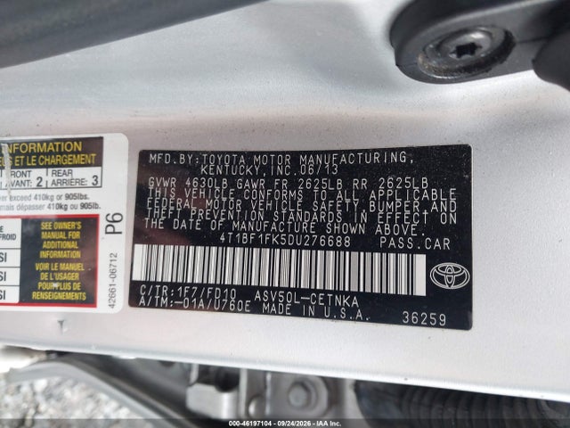 46197104 :رقم المزاد ، 4T1BF1FK5DU276688 vin ، 2013 Toyota Camry Le مزاد بيع