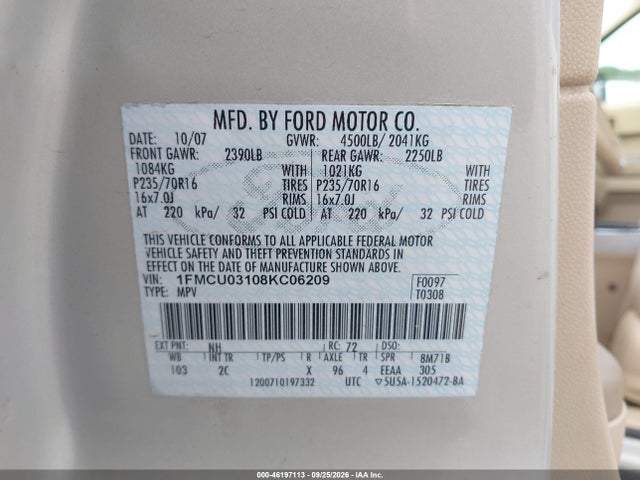 Aukcja sprzedaży 2008 Ford Escape Xlt, vin: 1FMCU03108KC06209, numer aukcji: 46197113