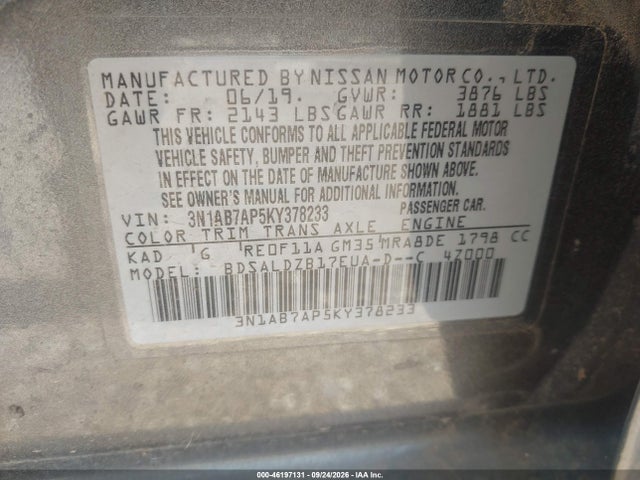 Продажа на аукционе авто 2019 Nissan Sentra Sv, vin: 3N1AB7AP5KY378233, номер лота: 46197131