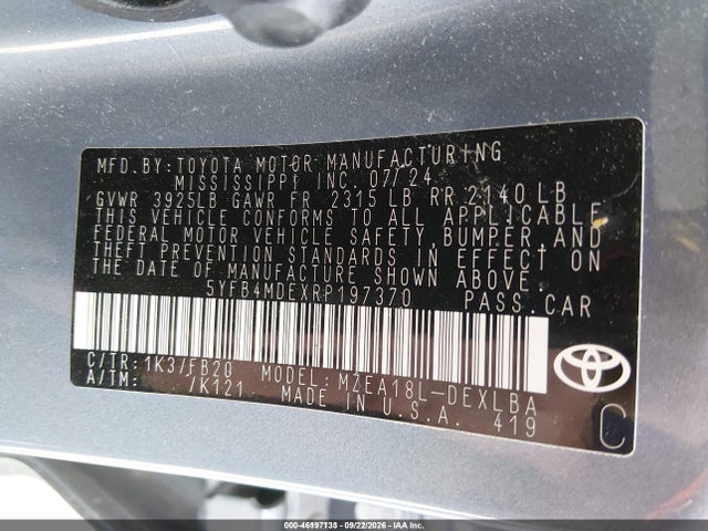 Aukcja sprzedaży 2024 Toyota Corolla Le, vin: 5YFB4MDEXRP197370, numer aukcji: 46197133