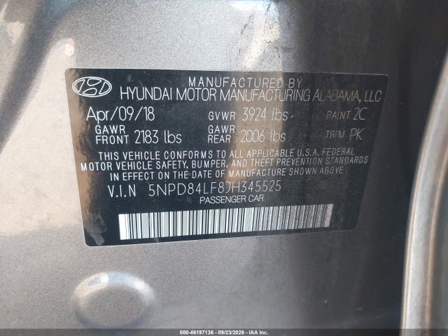 Продаж на аукціоні авто 2018 Hyundai Elantra Value Edition, vin: 5NPD84LF8JH345525, номер лоту: 46197136