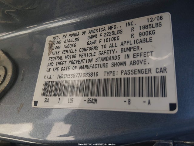 46197142 :رقم المزاد ، 1HGCM56877A083816 vin ، 2007 Honda Accord 2.4 Ex مزاد بيع