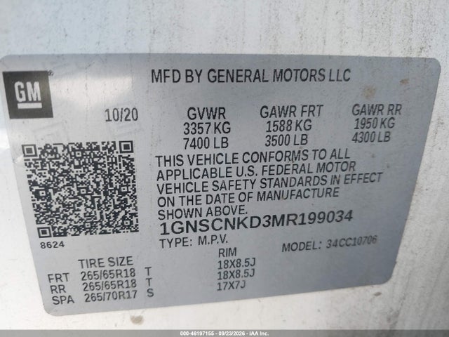 Продажа на аукционе авто 2021 Chevrolet Tahoe 2wd Lt, vin: 1GNSCNKD3MR199034, номер лота: 46197155