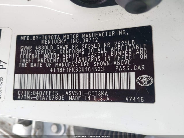 Продажа на аукционе авто 2012 Toyota Camry Se, vin: 4T1BF1FK6CU161533, номер лота: 46197167