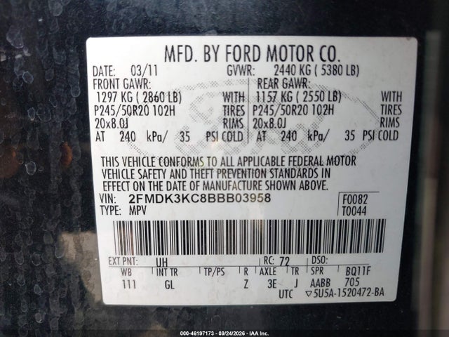 Продаж на аукціоні авто 2011 Ford Edge Limited, vin: 2FMDK3KC8BBB03958, номер лоту: 46197173