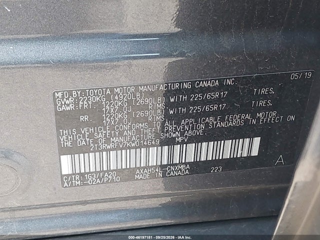2019 Toyota Rav4 Hybrid Xle მანქანა იყიდება აუქციონზე, vin: 2T3RWRFV7KW014649, აუქციონის ნომერი: 46197181