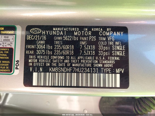 Продажа на аукционе авто 2017 Hyundai Santa Fe Se, vin: KM8SNDHF7HU234131, номер лота: 46197186