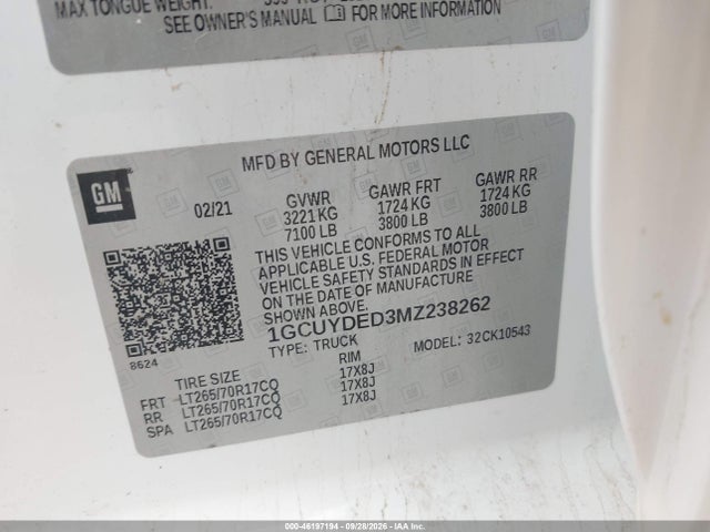 Продаж на аукціоні авто 2021 Chevrolet Silverado 1500 4wd  Short Bed Lt, vin: 1GCUYDED3MZ238262, номер лоту: 46197194