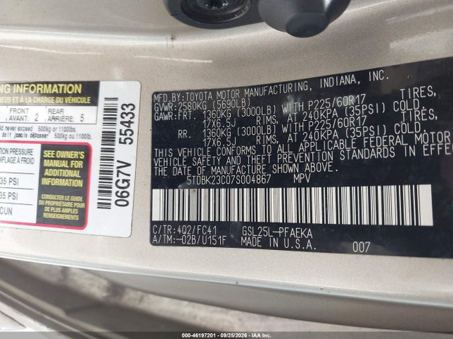 Продажа на аукционе авто 2007 Toyota Sienna Le, vin: 5TDBK23C07S004867, номер лота: 46197201