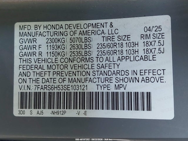 46197202 :رقم المزاد ، 7FARS6H53SE103121 vin ، 2025 Honda Cr-v Hybrid Sport مزاد بيع