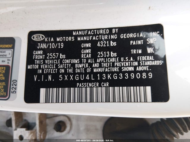 2019 Kia Optima Ex მანქანა იყიდება აუქციონზე, vin: 5XXGU4L13KG339089, აუქციონის ნომერი: 46197203