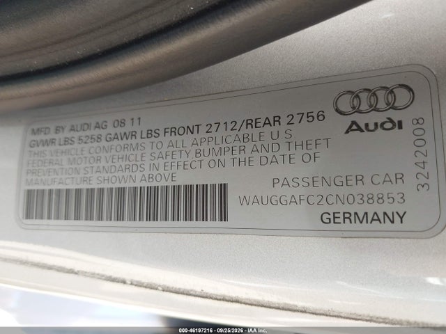 Aukcja sprzedaży 2012 Audi A6 3.0 Premium, vin: WAUGGAFC2CN038853, numer aukcji: 46197216
