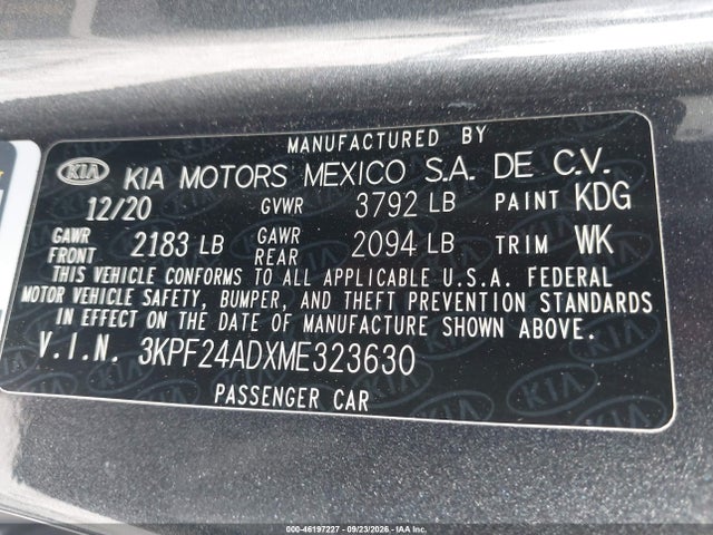 46197227 :رقم المزاد ، 3KPF24ADXME323630 vin ، 2021 Kia Forte Fe مزاد بيع
