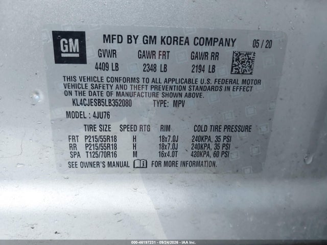 46197231 :رقم المزاد ، KL4CJESB5LB352080 vin ، 2020 Buick Encore Awd Preferred مزاد بيع