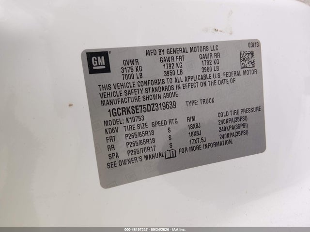 Продаж на аукціоні авто 2013 Chevrolet Silverado 1500 Lt, vin: 1GCRKSE75DZ319639, номер лоту: 46197237