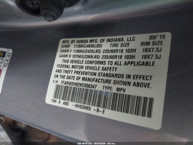 Продажа на аукционе авто 2019 Honda Cr-v Ex-l, vin: 7FARW2H82KE056347, номер лота: 46197252