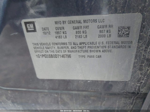 46197258 :رقم المزاد ، 1G1PG5SB0D7146796 vin ، 2013 Chevrolet Cruze Ltz مزاد بيع