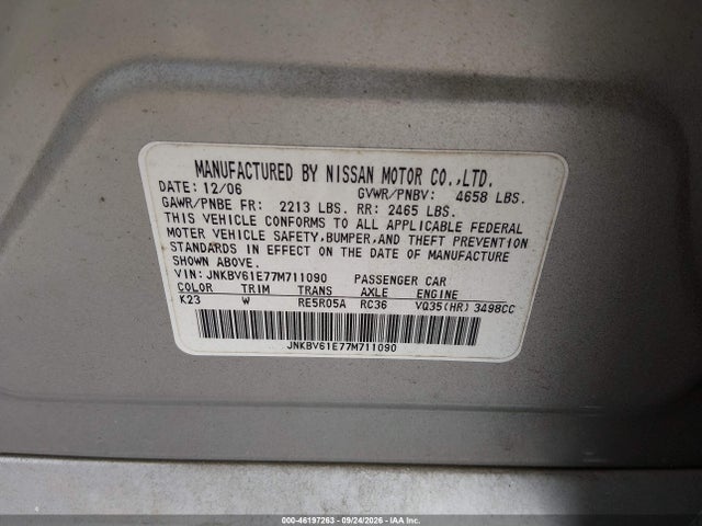 2007 Infiniti G35 Sport მანქანა იყიდება აუქციონზე, vin: JNKBV61E77M711090, აუქციონის ნომერი: 46197263