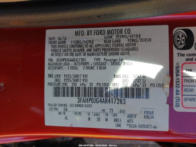 Aukcja sprzedaży 2010 Ford Fusion Sel, vin: 3FAHP0JG4AR417283, numer aukcji: 46197268