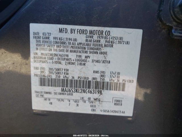 46197272 :رقم المزاد ، MAJ6S3KL2NC463198 vin ، 2022 Ford Ecosport Titanium مزاد بيع