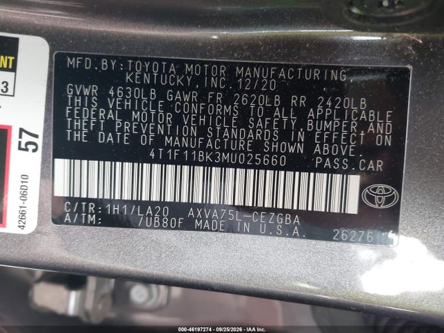 46197274 :رقم المزاد ، 4T1F11BK3MU025660 vin ، 2021 Toyota Camry Xle مزاد بيع
