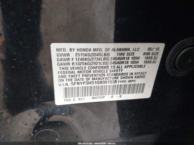 46197352 :رقم المزاد ، 5FNYF5H51GB001538 vin ، 2016 Honda Pilot Ex-l مزاد بيع