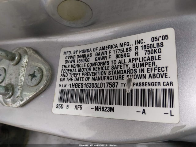 46197357 :رقم المزاد ، 1HGES16305L017587 vin ، 2005 Honda Civic Vp مزاد بيع