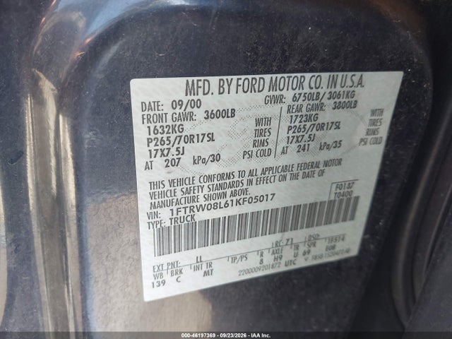 46197369 :رقم المزاد ، 1FTRW08L61KF05017 vin ، 2001 Ford F-150 Supercrew King Ranch Edition/lariat/xlt مزاد بيع