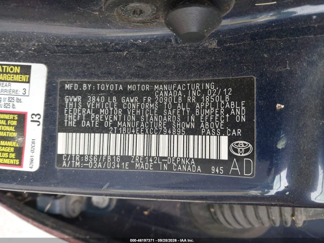 Продаж на аукціоні авто 2012 Toyota Corolla Le, vin: 2T1BU4EEXCC794895, номер лоту: 46197371