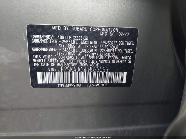2020 Subaru Forester Premium მანქანა იყიდება აუქციონზე, vin: JF2SKAJC5LH533065, აუქციონის ნომერი: 46197378