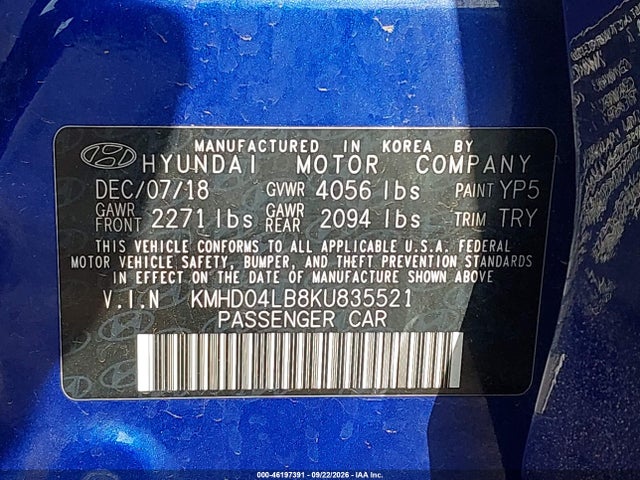 Продажа на аукционе авто 2019 Hyundai Elantra Sport, vin: KMHD04LB8KU835521, номер лота: 46197391