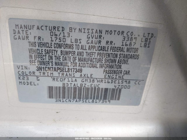 Продаж на аукціоні авто 2014 Nissan Versa 1.6 Sv, vin: 3N1CN7AP5EL817349, номер лоту: 46197402