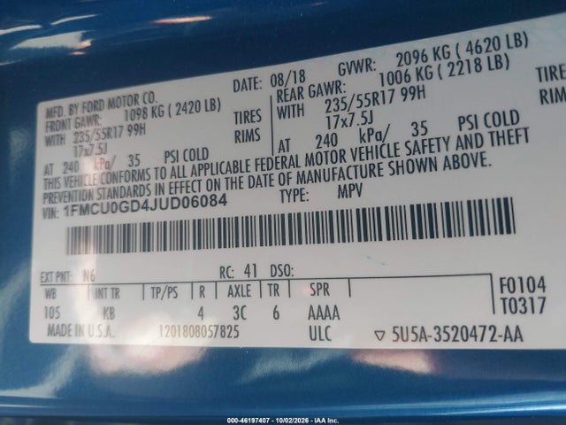 Auction sale of the 2018 Ford Escape Se, vin: 1FMCU0GD4JUD06084, lot number: 46197407