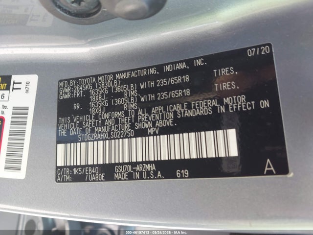 Aukcja sprzedaży 2020 Toyota Highlander Xle, vin: 5TDGZRAHXLS022750, numer aukcji: 46197413
