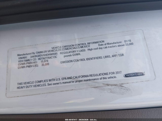 Продажа на аукционе авто 2017 Freightliner Cascadia 113, vin: 3AKBGBDVXHDHW0585, номер лота: 46197417
