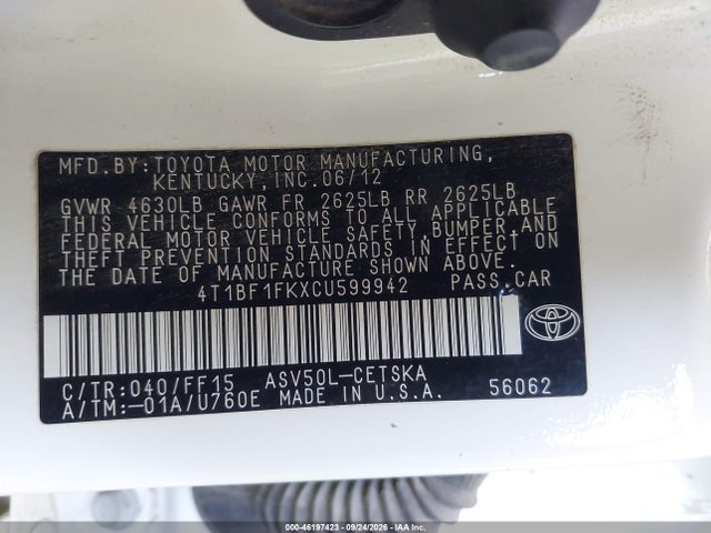 Aukcja sprzedaży 2012 Toyota Camry Se, vin: 4T1BF1FKXCU599942, numer aukcji: 46197423
