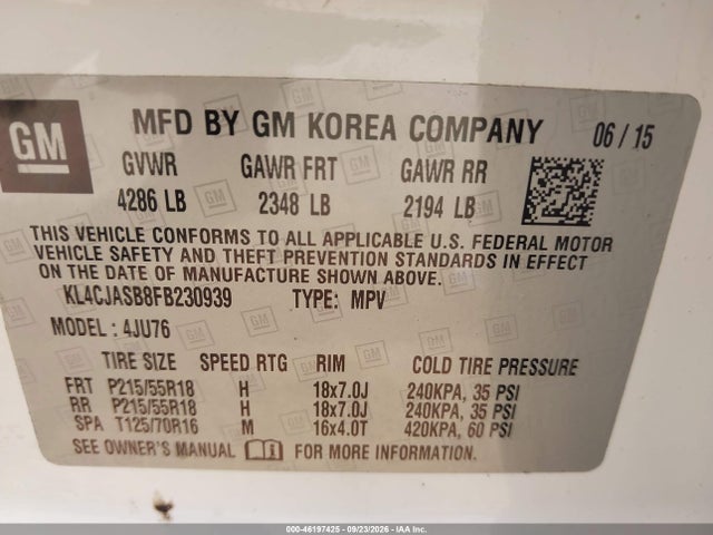 46197425 :رقم المزاد ، KL4CJASB8FB230939 vin ، 2015 Buick Encore مزاد بيع