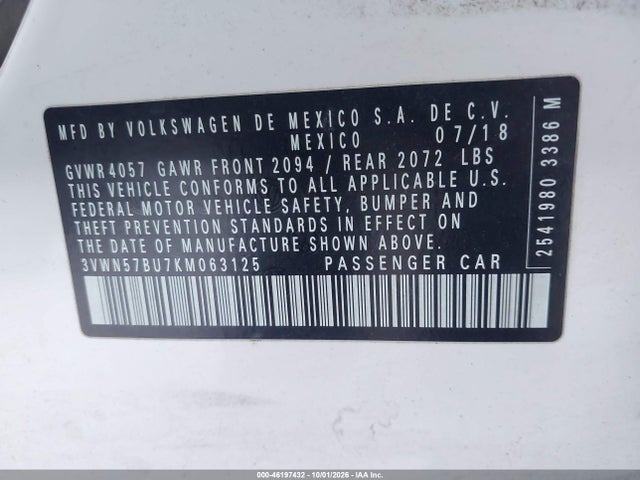 3VWN57BU7KM063125 Volkswagen Jetta 1.4t S
