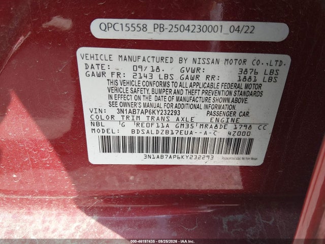 Продаж на аукціоні авто 2019 Nissan Sentra Sv, vin: 3N1AB7AP6KY232293, номер лоту: 46197435