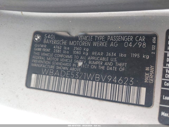 46197438 :رقم المزاد ، WBADE5321WBV94623 vin ، 1998 Bmw 5 Series 540i مزاد بيع