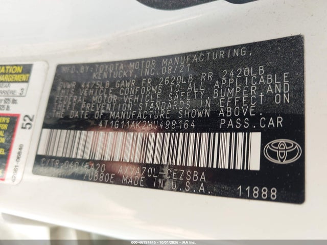 Продажа на аукционе авто 2021 Toyota Camry Se, vin: 4T1G11AK2MU498164, номер лота: 46197445