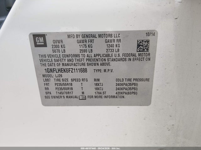 Aukcja sprzedaży 2015 Chevrolet Equinox Ltz, vin: 1GNFLHEK6FZ111688, numer aukcji: 46197448