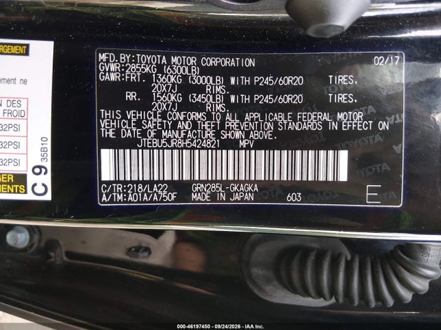 46197450 :رقم المزاد ، JTEBU5JR8H5424821 vin ، 2017 Toyota 4runner Limited مزاد بيع
