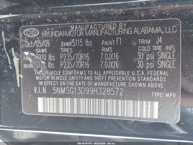 Aukcja sprzedaży 2009 Hyundai Santa Fe Gls, vin: 5NMSG13D99H328572, numer aukcji: 46197470