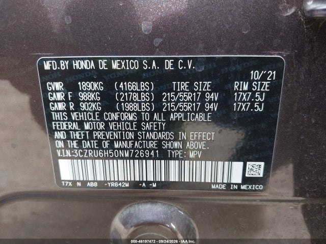 3CZRU6H50NM726941 Honda Hr-v Awd Ex