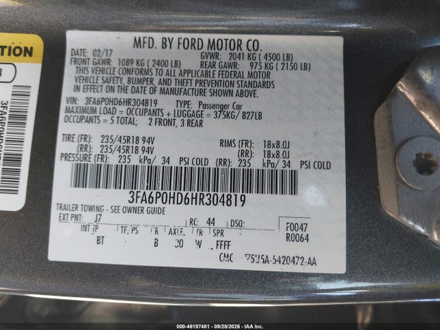 2017 Ford Fusion Se მანქანა იყიდება აუქციონზე, vin: 3FA6P0HD6HR304819, აუქციონის ნომერი: 46197481